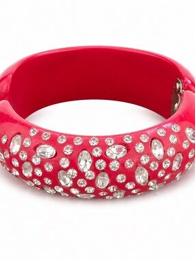 Vintage Unsigned Red Rhinestone Acrylic Hinged Clamper Bangle Bracelet